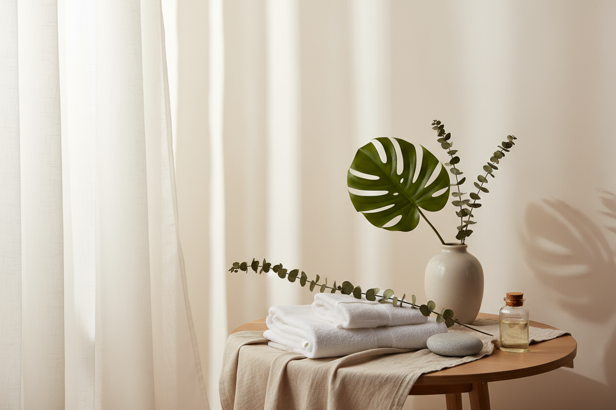 Overall Mood

Style: Minimal, calm, and refined — think spa-like tranquility with natural luxury.
Lighting: Soft daylight or warm diffused light; gentle shadows, no harsh contrast.
Color Tone: Cream backgrounds, touches of green foliage, and muted neutrals (white, beige, stone).