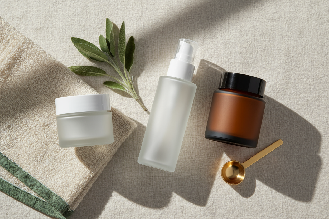 Three nameless jars and bottles are arranged diagonally on a soft cream linen (#FAF8F0). Tiny accents — a sprig of sage, a folded towel, and a gold scoop — are placed asymmetrically. Shadows fall softly across the surface, creating subtle layers. The combination of cream, muted green (#3A7357), and forest green (#1E3932) establishes a serene, premium aesthetic.